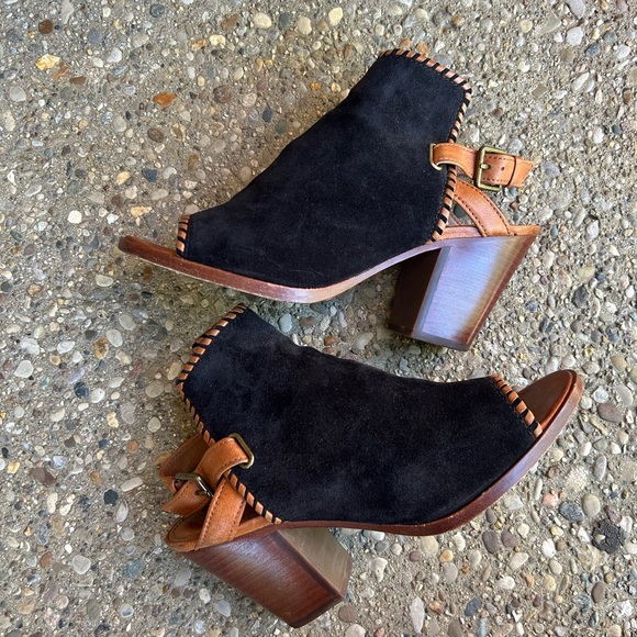 Frye Bohemian Whipstitch Suede Stacked Heel Black Peep Toe Boots Size 10 - Picture 5 of 12